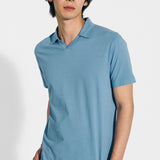 V-neck polo shirt in light blue jersey cotton