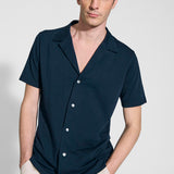 Short-sleeved shirt in dark blue jersey cotton