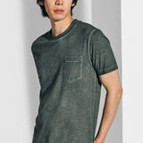 Military green distressed dye T-shirt with pocket
