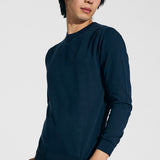 Long sleeve crew neck in dark blue silk and cotton